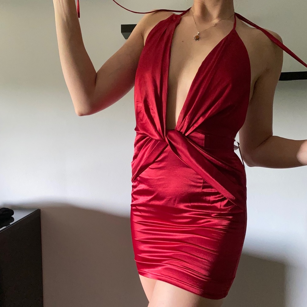 Red satin cocktail dress